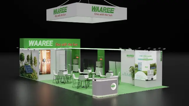 20×40 Island Booth With Square Hanging Sign and Green Header Wall