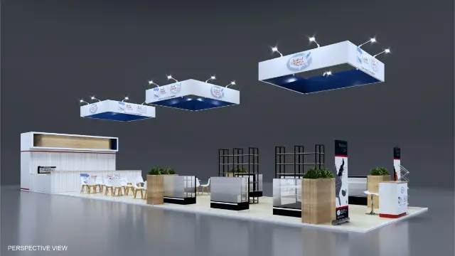 20×40 Island Booth With Three Hanging Signs and Coffee Bar Wall