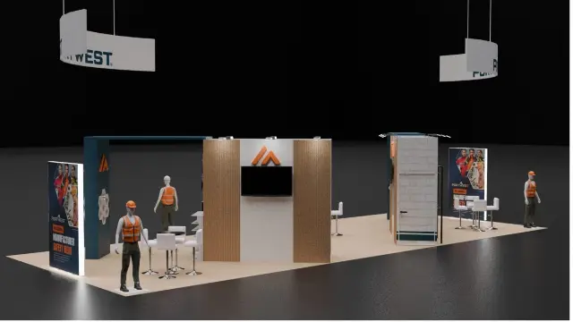 20×40 Island Booth With Two Curved Hanging Signs and Feature Wall