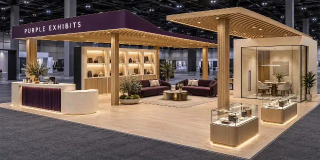 20×40 Island Booth With Wood Slat Canopies and Glass Meeting Room