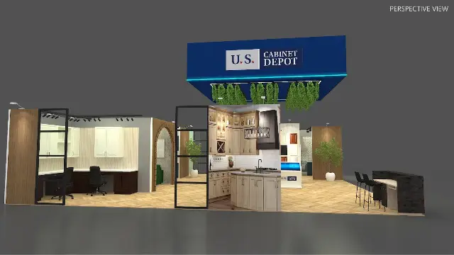 20×40 Peninsula Booth With Large Hanging Sign and LED Video Wall