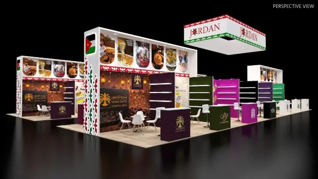 20×40 Peninsula Booth With Tall Header Walls and Square Hanging Sign