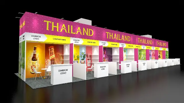 20×50 Island Booth With Multi-Exhibitor Pavilion Pods and Continuous Header
