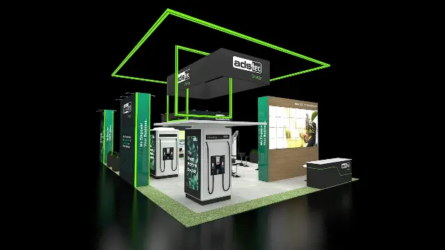 20×50 Island Booth With Neon Hanging Frame and Video Wall