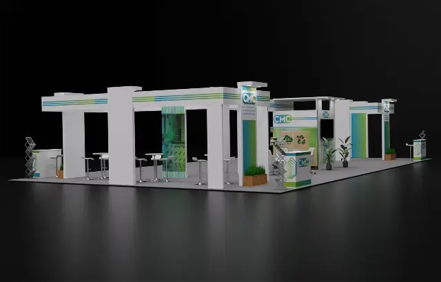 20×50 Island Booth With Portal Header Frames and Coffee Bar Lounge