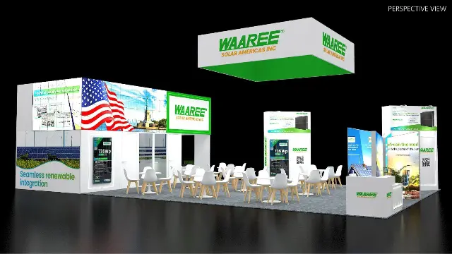 20×50 Island Booth With Rectangular Hanging Sign and Large LED Header Wall