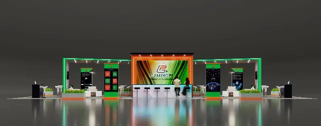 20×50 Peninsula Booth With Backlit Bar Counter and Twin Lounge Wings