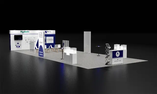 20×50 Peninsula Booth With Open Equipment Floor and Branded Back Wall