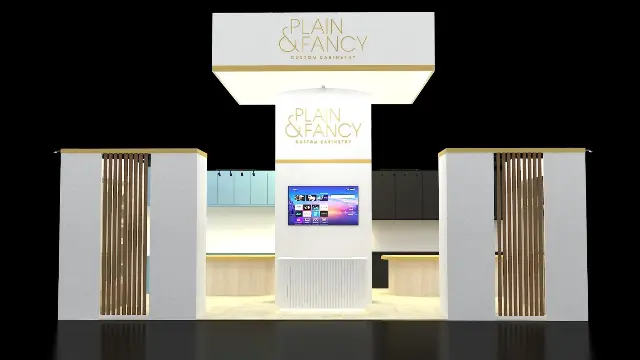 30×30 Island Booth With Cabinet Displays and Chandelier
