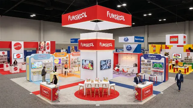 30×30 Island Booth With Central Tower and Four Product Display Zones