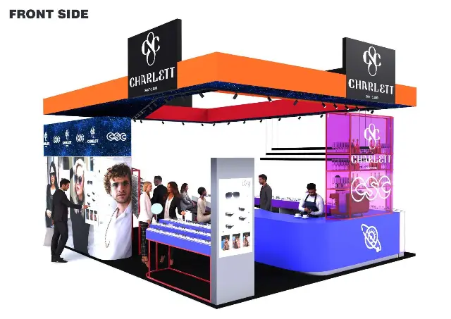 30×30 Island Booth With Large Overhead Canopy and Curved Bar Counter