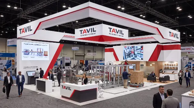30×30 Island Booth With Overhead Header Frame and Square Hanging Sign