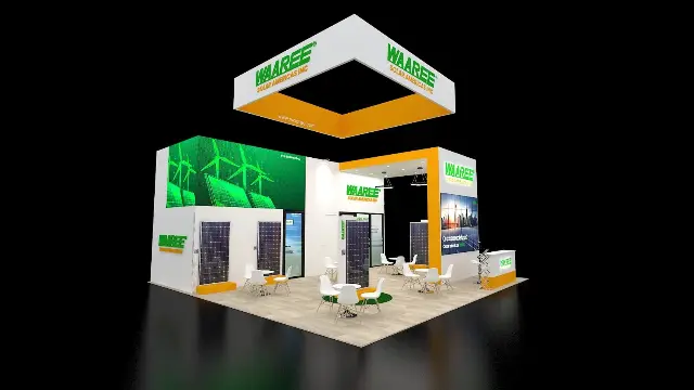 30×30 Peninsula Booth With Video Walls and Product Display Stands