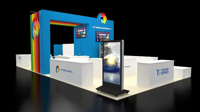 30×40 Island Booth With Rainbow-Stripe Portal Wall and Perimeter Counters