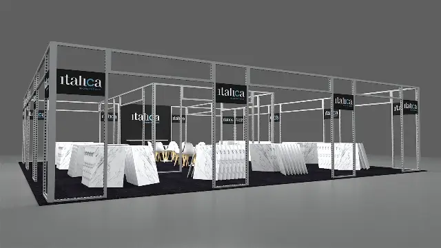 30×50 Island Booth With Overhead Metal Frame Structure and Slab Display Area
