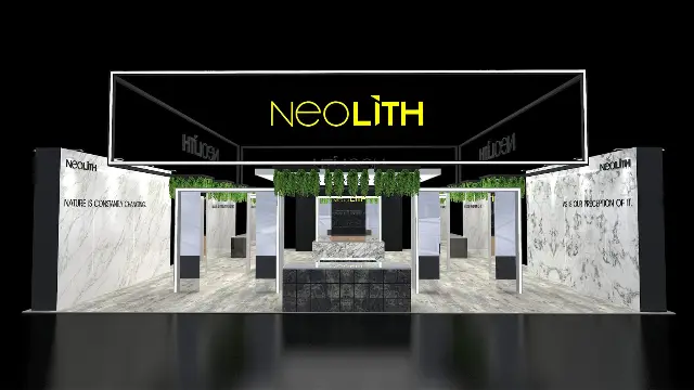 40×40 Inline Booth With Illuminated Frame Hanging Sign and Greenery-Topped Portals