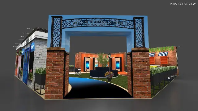 40×40 Island Booth With Brick Arch and Park Lounge