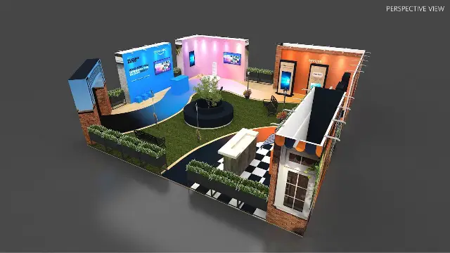 40×40 Island Booth With Brick Street Facades and Garden Lounge