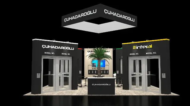 30×30 Island Booth With Door Display Bays and Hanging Sign