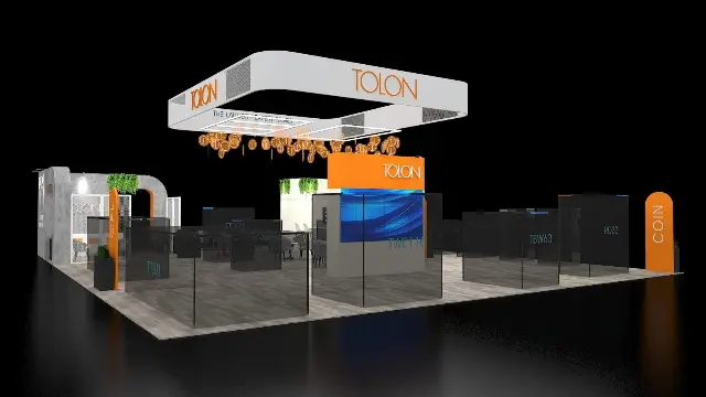 40×40 Island Booth With Hanging Sign and Product Bays