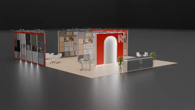 40×40 Island Booth With Illuminated Arch Portal and Tile Sample Walls