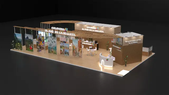 40×60 Island Booth With Wood Pergola Canopy and Coffee Bar