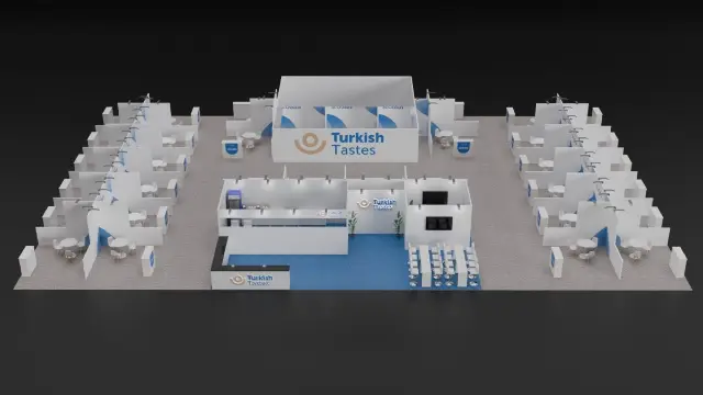 60×60 Island Pavilion With Reception Bar and Ten Private Meeting Pods