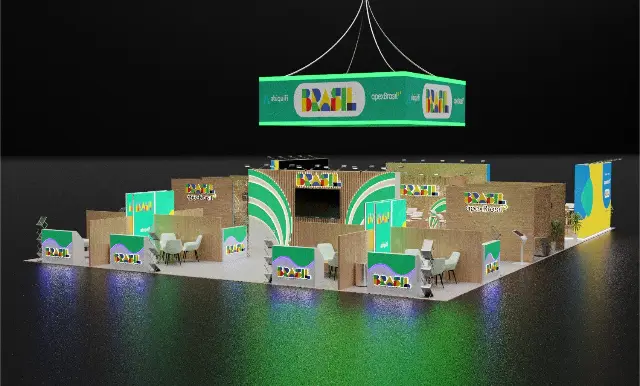 60×60 Island Pavilion With Square Hanging Sign and Wood Slat Meeting Pods