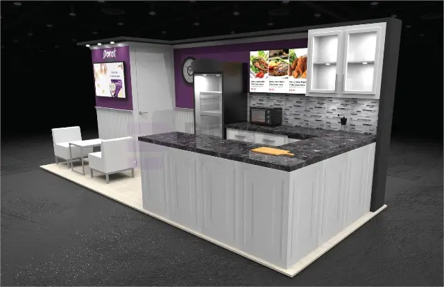 8×20 Corner Booth With U-Shaped Counter and Glass-Door Fridge
