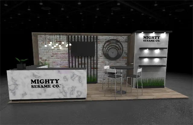 8×20 Inline Booth With Brick-Look Wall and Edison Pendant Lights