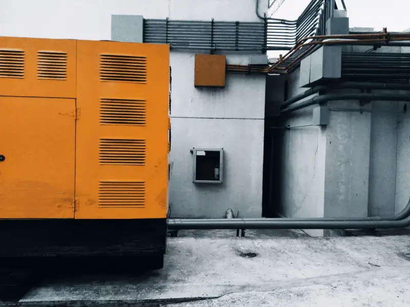 Orange standby generator enclosure beside piping and ducts against a concrete wall