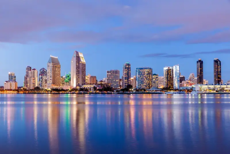 Downtown San Diego skyline at dusk reflected in San Diego Bay, seen from Coronado