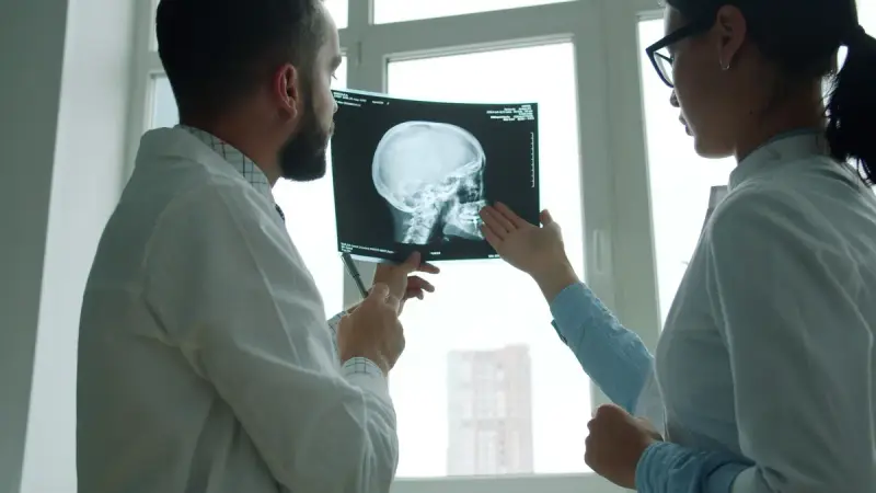 Two doctors in white coats holding a skull X-ray up to a bright window and discussing it