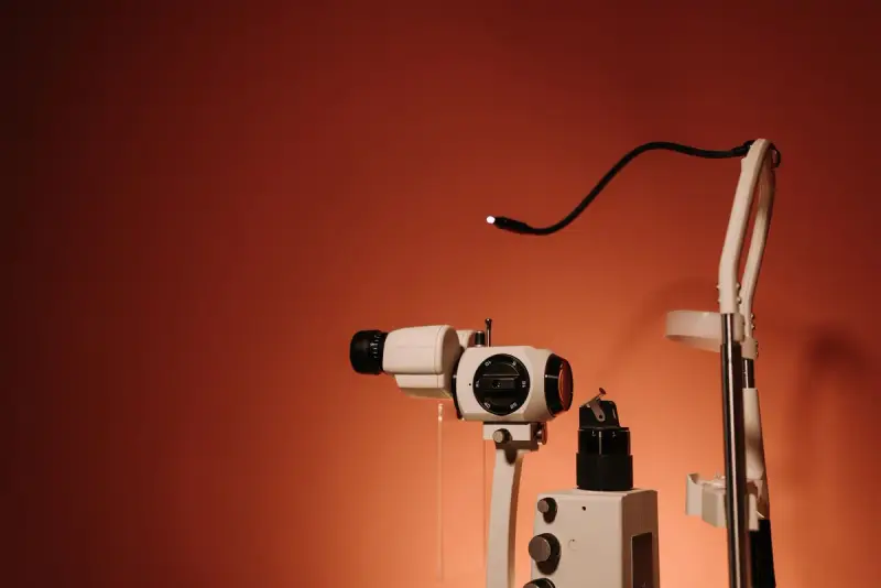 White slit lamp microscope with its light arm and chin rest against a warm brown wall