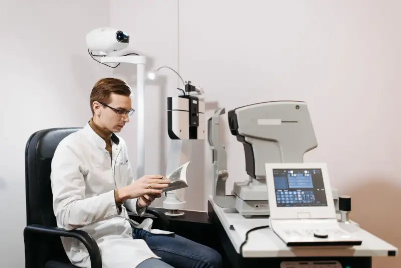 Eye doctor reads notes beside an ophthalmic diagnostic instrument with a touchscreen control panel