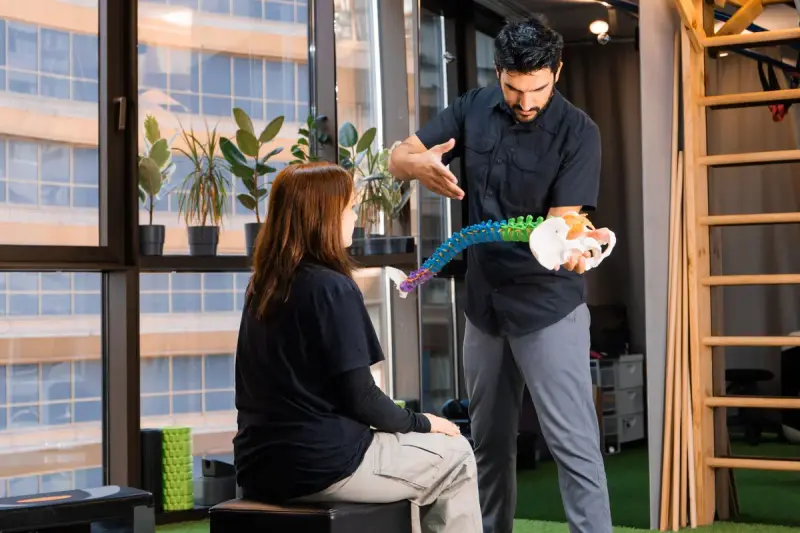 Clinician holding a colored spine model while explaining it to a seated woman in a bright clinic