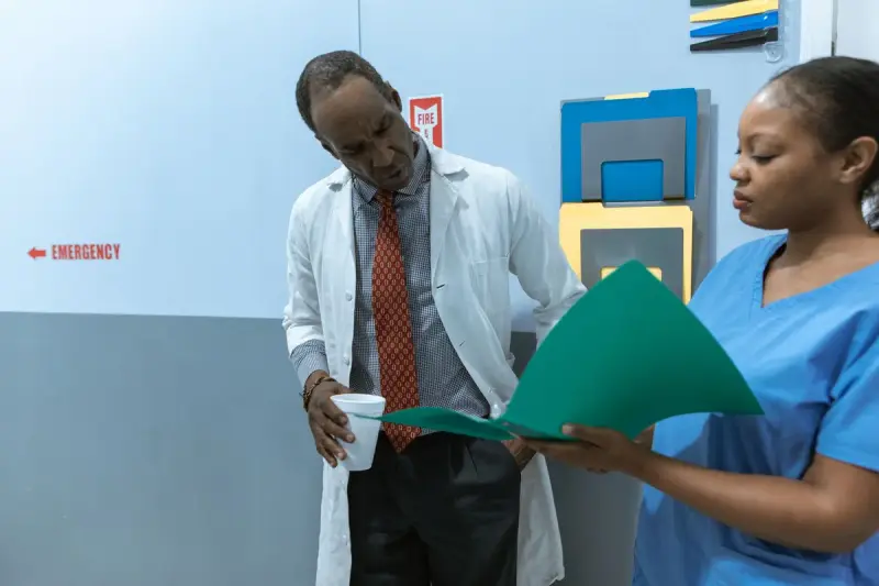 Physician holding a coffee cup reviews a chart a nurse holds open near the emergency department