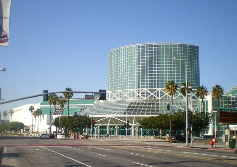 Glass facade of the Los Angeles Convention Center seen from Pico and Figueroa
