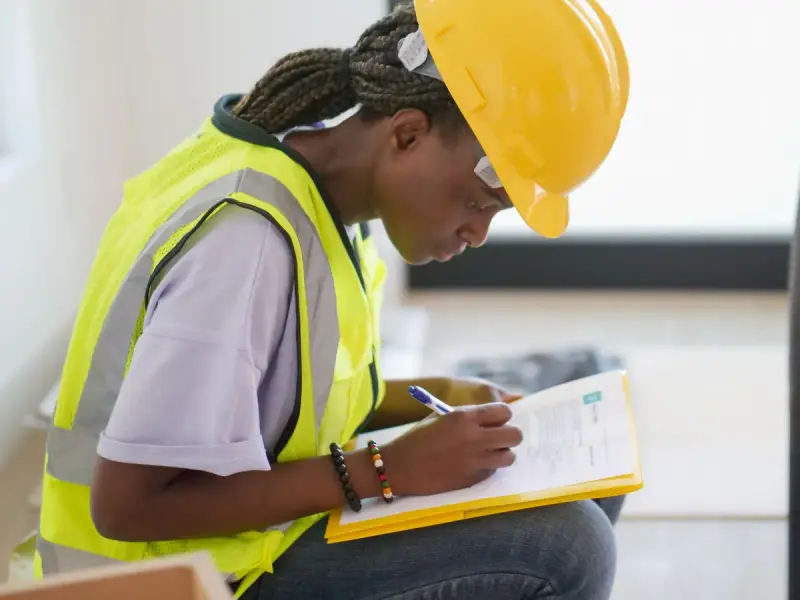 Engineer in a hard hat and safety vest writing notes on a clipboard indoors
