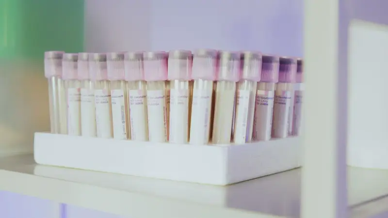 Row of sample tubes with pink caps standing in a rack