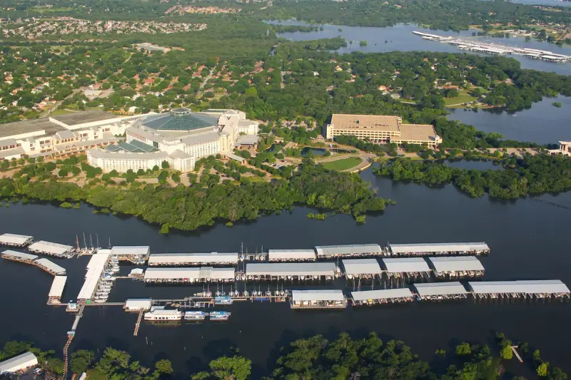 Aerial view of the Gaylord Texan Resort and Convention Center above Silver Lake Marina on Grapevine Lake