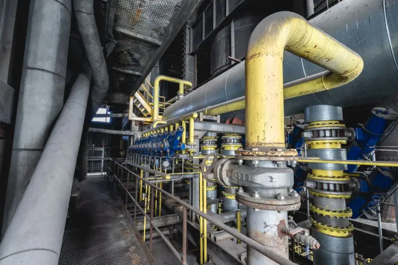 Yellow piping, valves and supports inside an industrial plant