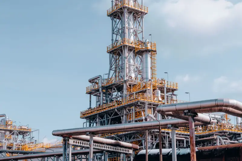 Wide view of a refinery with distillation towers and pipework at dusk