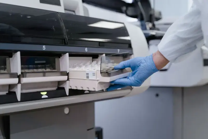 Technician's gloved hand placing a sample cartridge into an instrument drawer