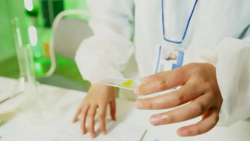 Researcher in a lab coat holding up a glass slide to the light
