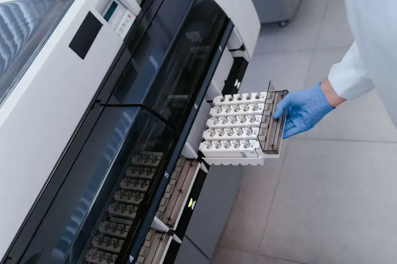 Gloved hand sliding a sample rack into a large automated analyzer