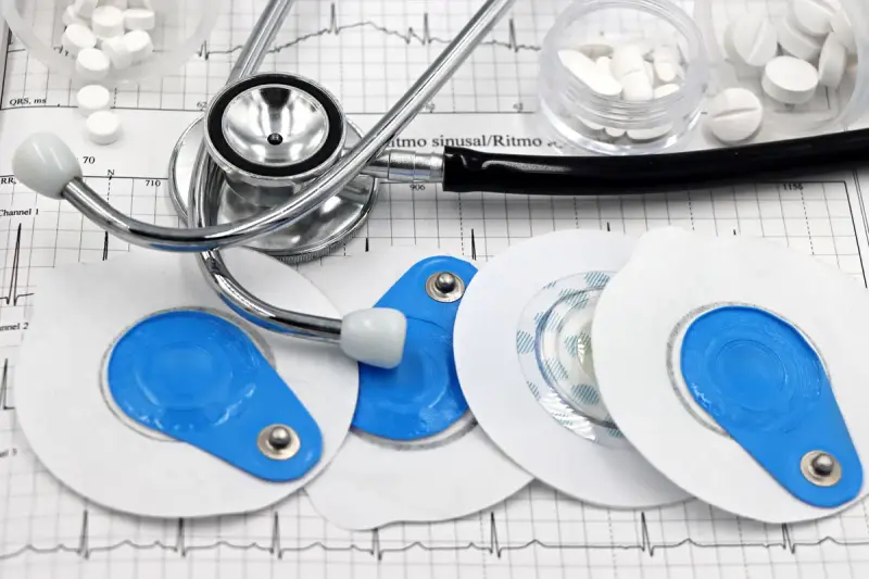 ECG electrodes and a stethoscope lying on an electrocardiogram printout