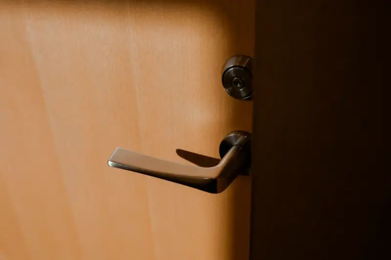 A silver handle and lock on a wooden door in warm light.