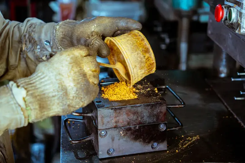 Gloved worker pouring yellow granular material from a scoop into a metal press mold