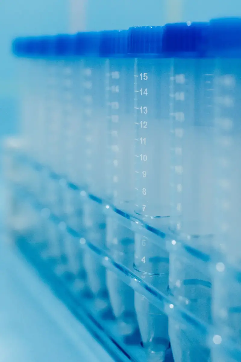 Row of graduated plastic centrifuge tubes with blue caps standing in a clear rack